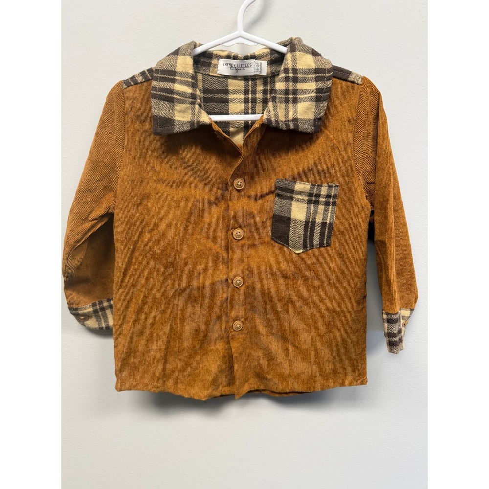 Trendy Littles Boutique Toddler Boys Rust Corduroy Plaid Button Up Shirt 18-24M - Picture 1 of 4